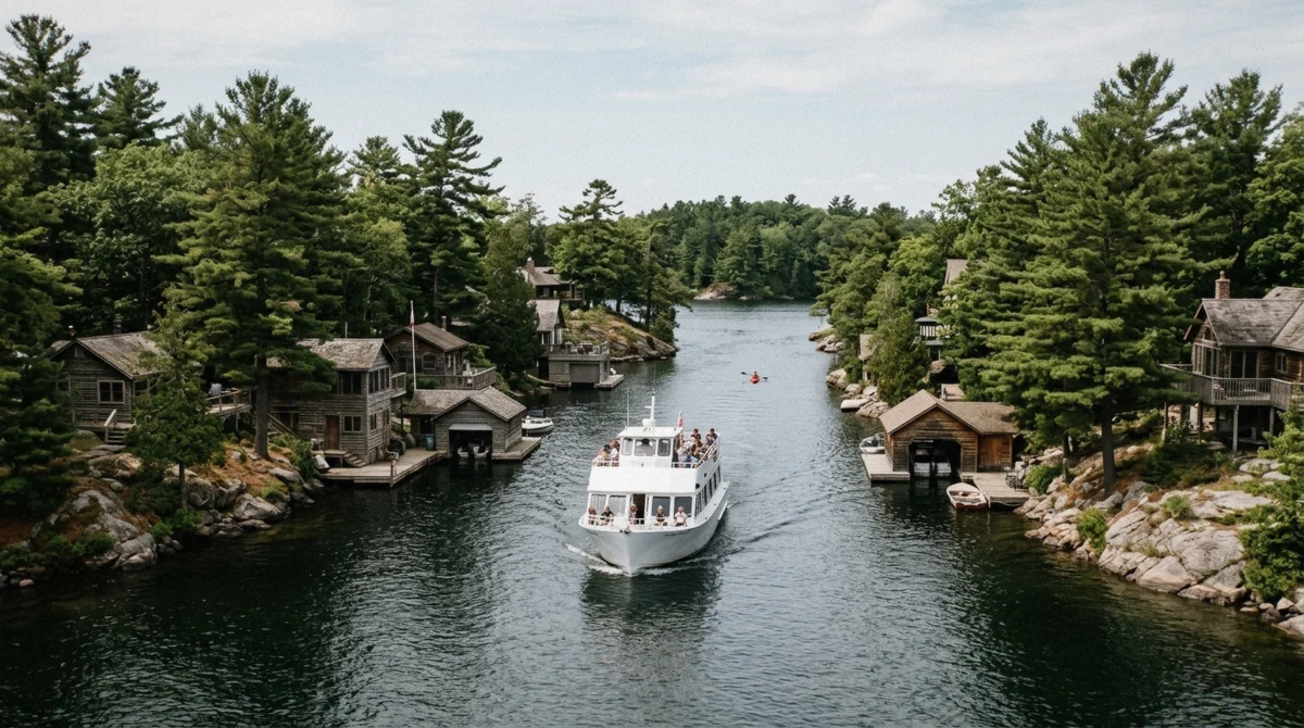 Sightseeing boat threading a narrow granite channel between islands mid-cruise on a first 1000 islands cruise from Gananoque