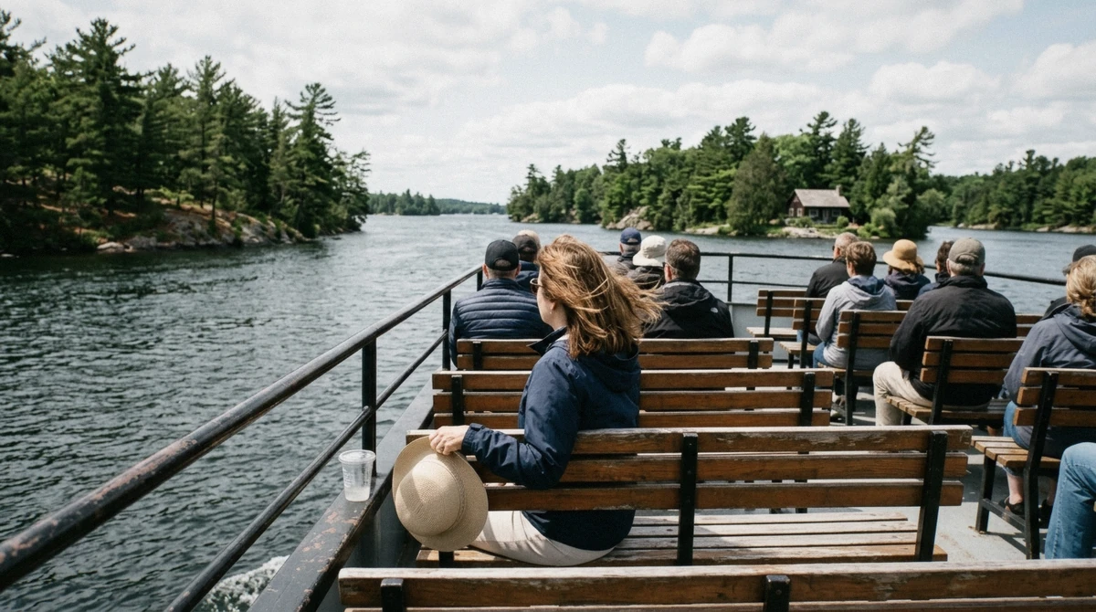 Passengers on the open top deck of a sightseeing boat on a first-time 1000 islands cruise from Gananoque, Ontario